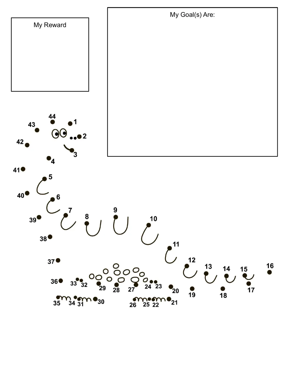Caterpillar dot to dot behaviour chart: students fill in a reward and goals, then join dots 1 to 44 to outline its body