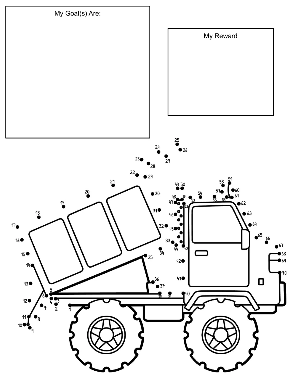 Dump truck dot to dot behaviour chart: students set goals and a reward, then connect dots 1 to 70 to finish the truck