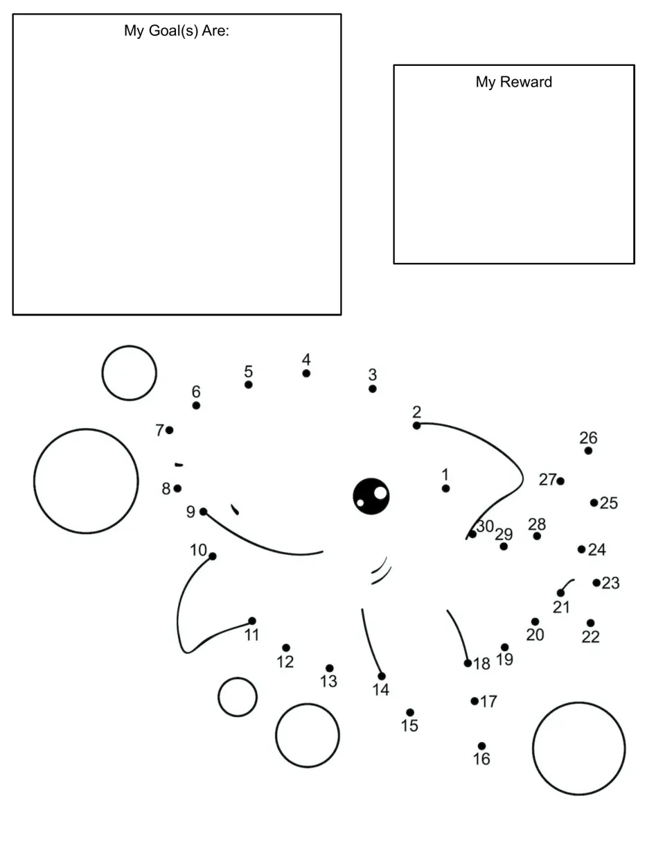 Fish dot to dot behaviour chart: students write goals and a reward, then connect dots 1 to 30 to outline a fish in bubbles