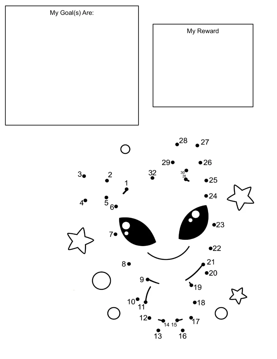 Alien dot to dot behaviour chart: students note goals and a reward, then join dots 1 to 32 to draw the head among stars