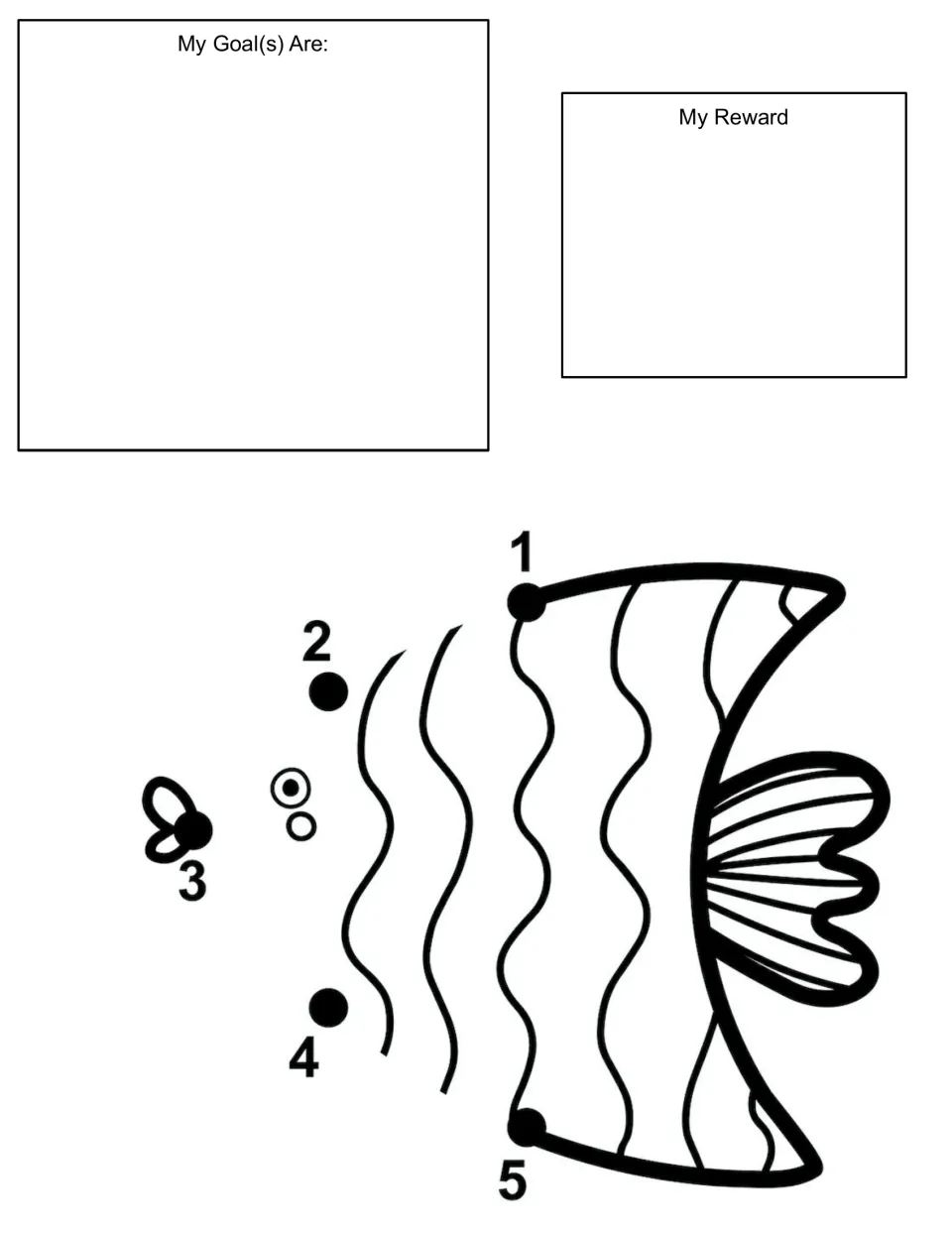 Striped fish dot to dot behaviour chart: students add goals and a reward, then connect 5 large dots to finish the fish