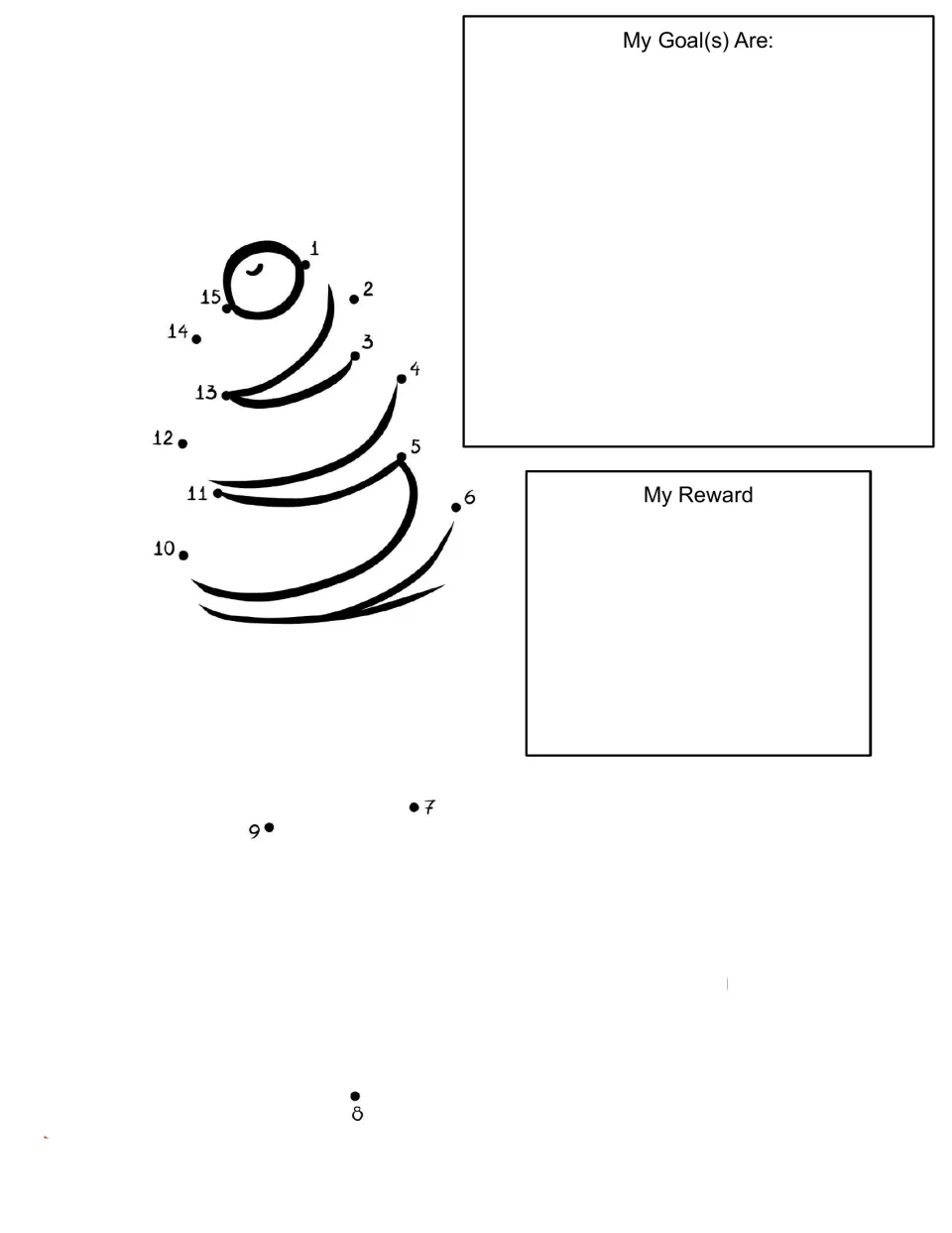 Swirl dot to dot behaviour chart: students write goals and a reward, then join dots 1 to 15 to complete a swirled figure