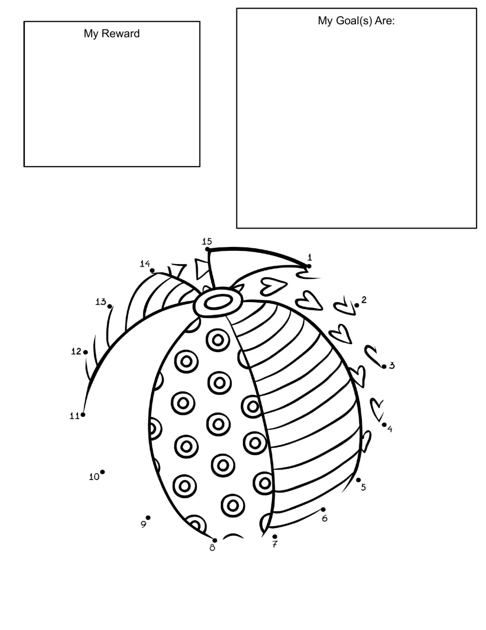 Beach ball dot to dot behaviour chart: students write goals and a reward, then connect dots 1 to 15 around the ball