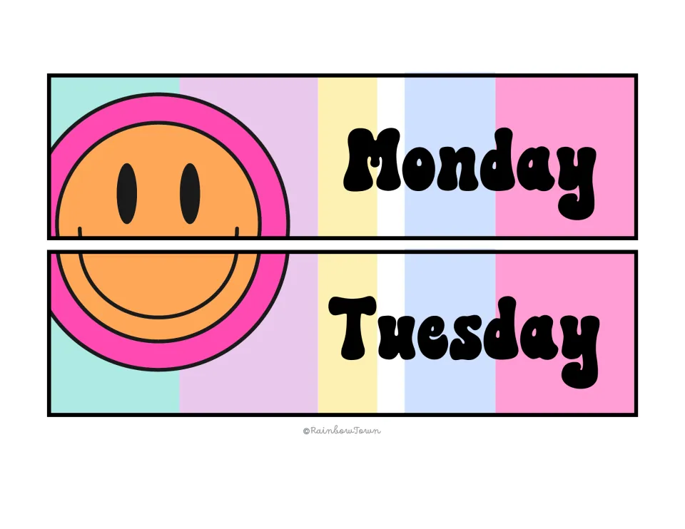 Drawer labels for Monday and Tuesday in pastel rainbow stripes, an orange smiley face split across both labels