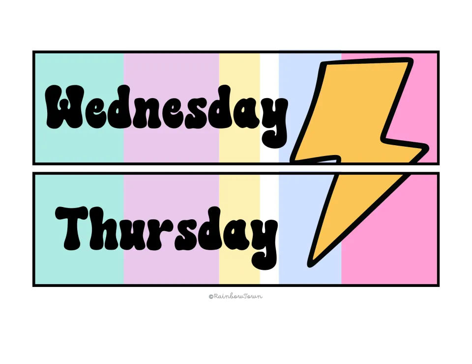 Wednesday and Thursday drawer labels on pastel rainbow stripes, joined by a yellow lightning bolt across both labels