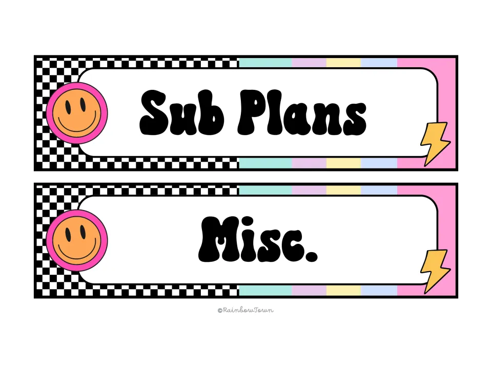 Sub Plans and Misc. drawer labels in 90s retro style with checkers, an orange smiley face and a yellow lightning bolt