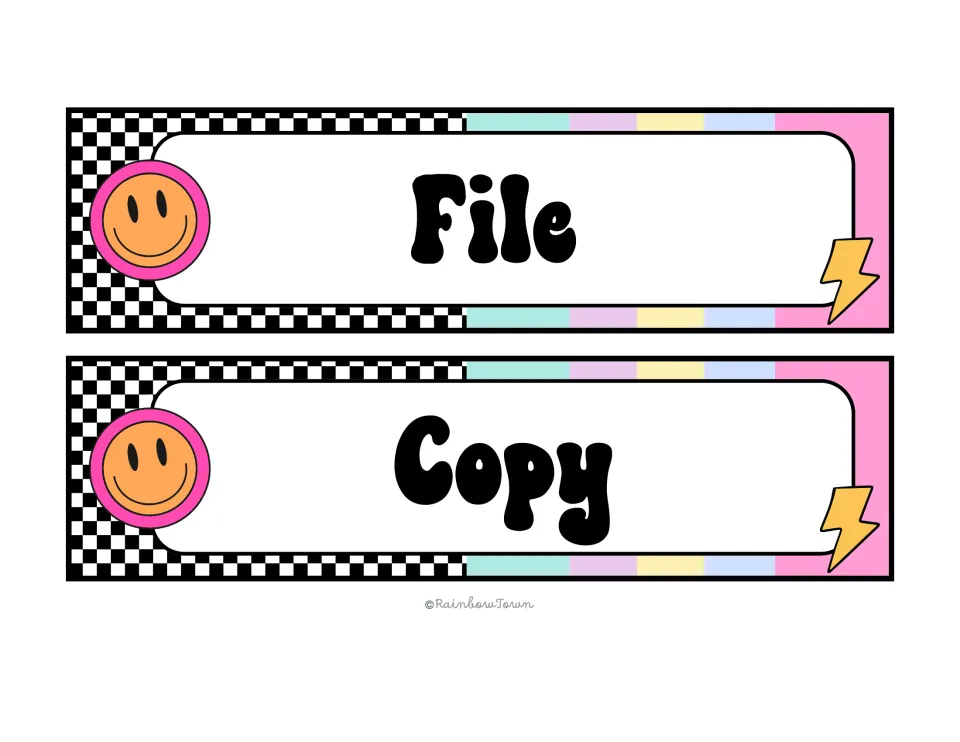 File and Copy drawer labels with retro checkers, an orange smiley face, pastel stripes and a yellow lightning bolt