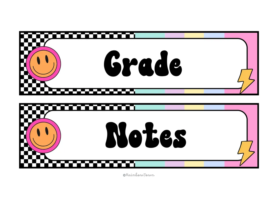 Grade and Notes drawer labels with retro checkers, an orange smiley face, pastel stripes and a yellow lightning bolt