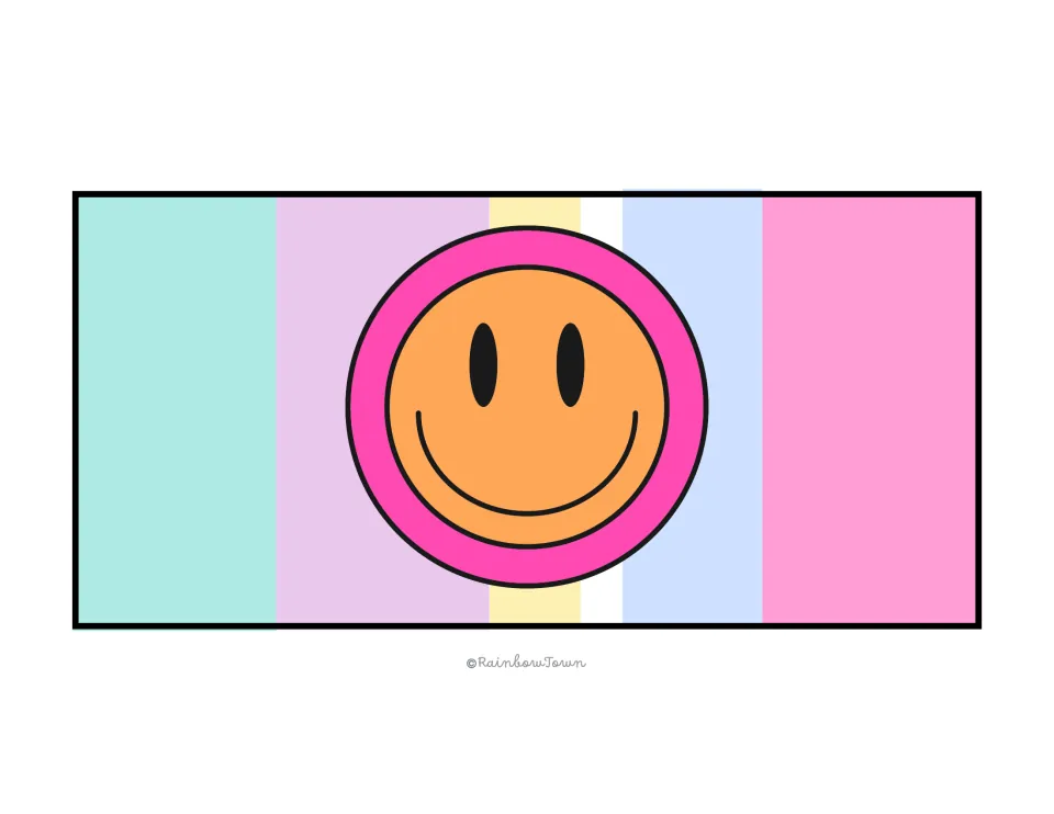 Wordless decorative drawer panel: a large orange smiley face in a pink ring centered on pastel rainbow stripes