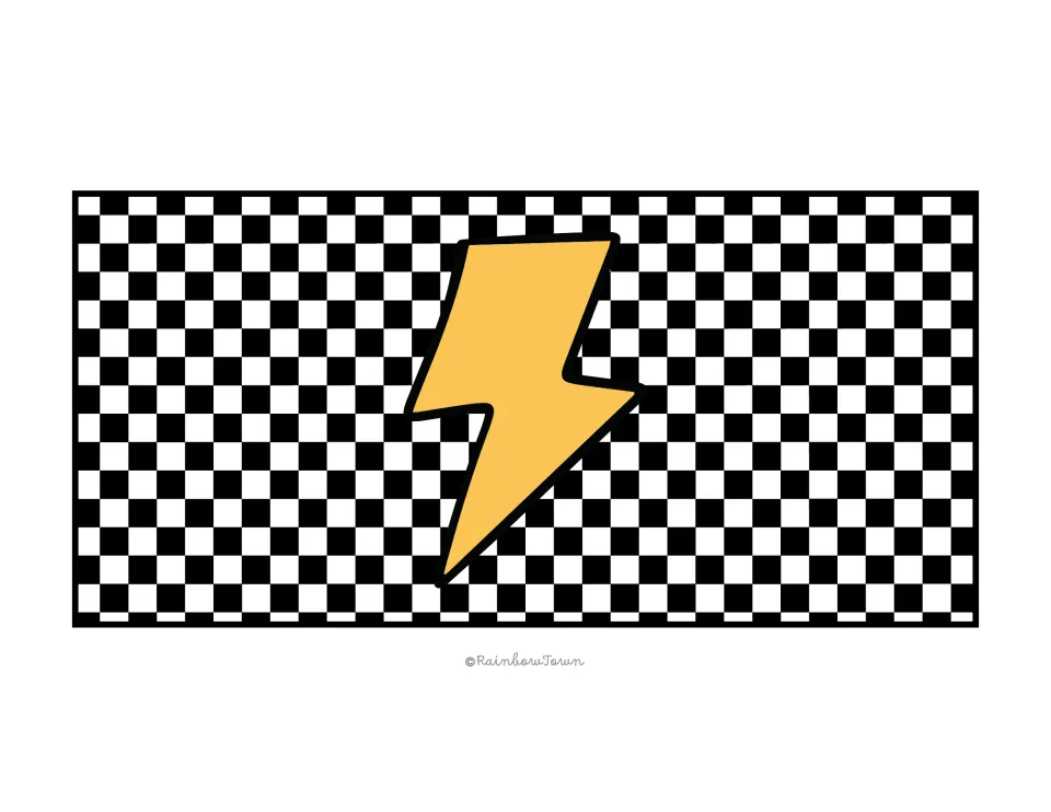 Wordless decorative drawer panel: a large yellow lightning bolt centered on a black-and-white checkered pattern