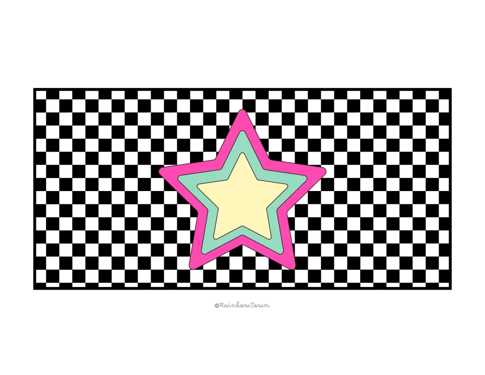 Wordless decorative drawer panel: a large pink, mint and yellow layered star centered on a checkered pattern