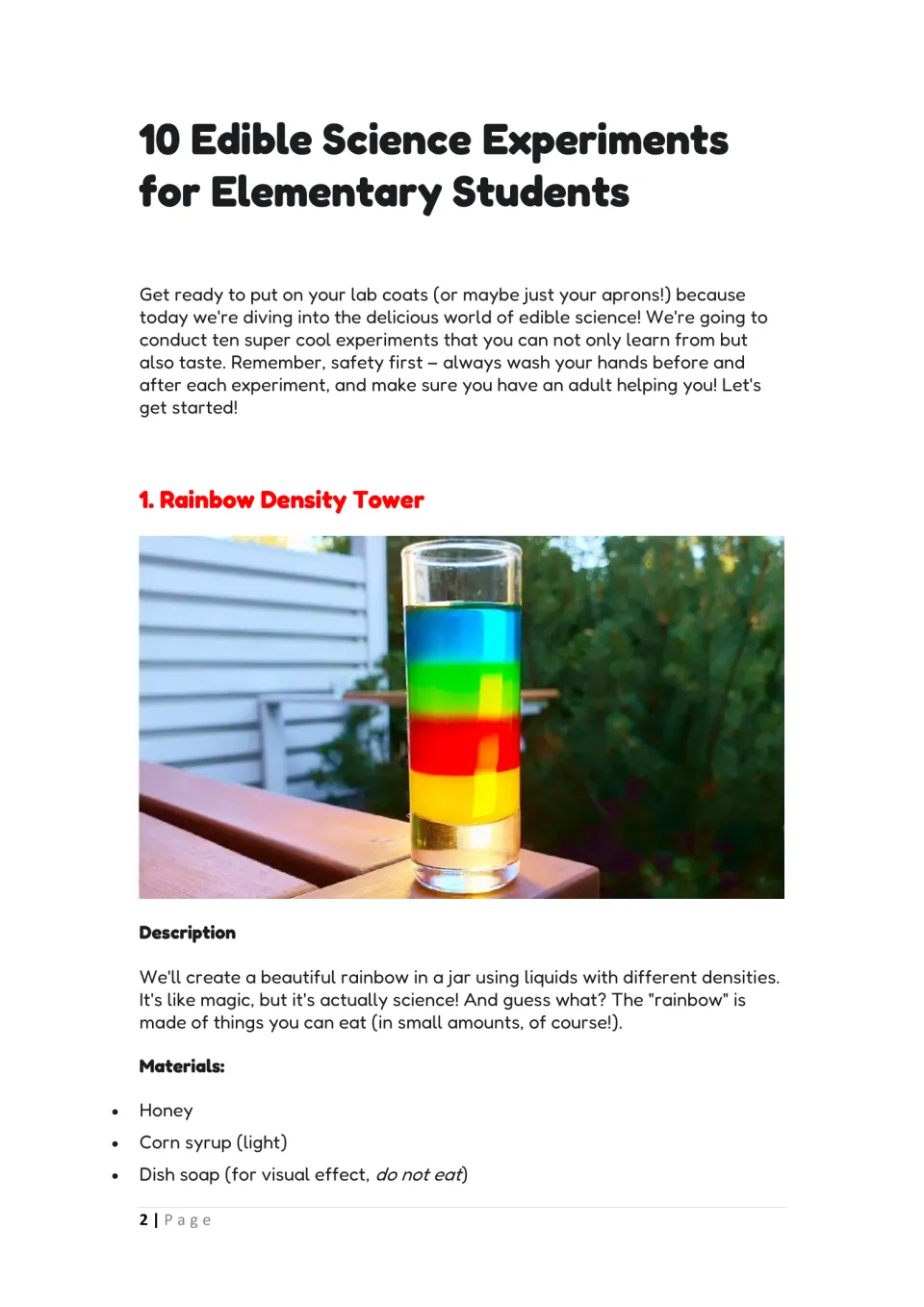 Safety intro and Rainbow Density Tower: photo of a layered rainbow glass, its description and first materials list