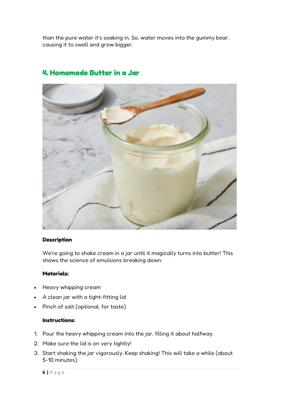 Homemade Butter in a Jar: materials and first steps for shaking heavy whipping cream in a sealed jar to break an emulsion