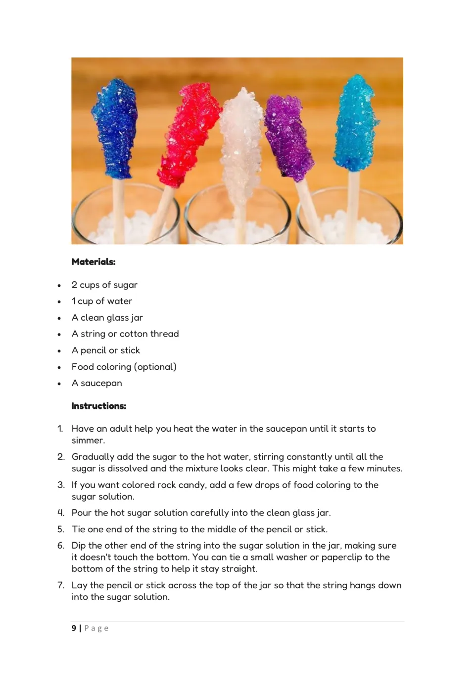 Rock candy materials and steps 1-7: dissolve sugar in simmering water, pour into a jar and hang a string to grow crystals