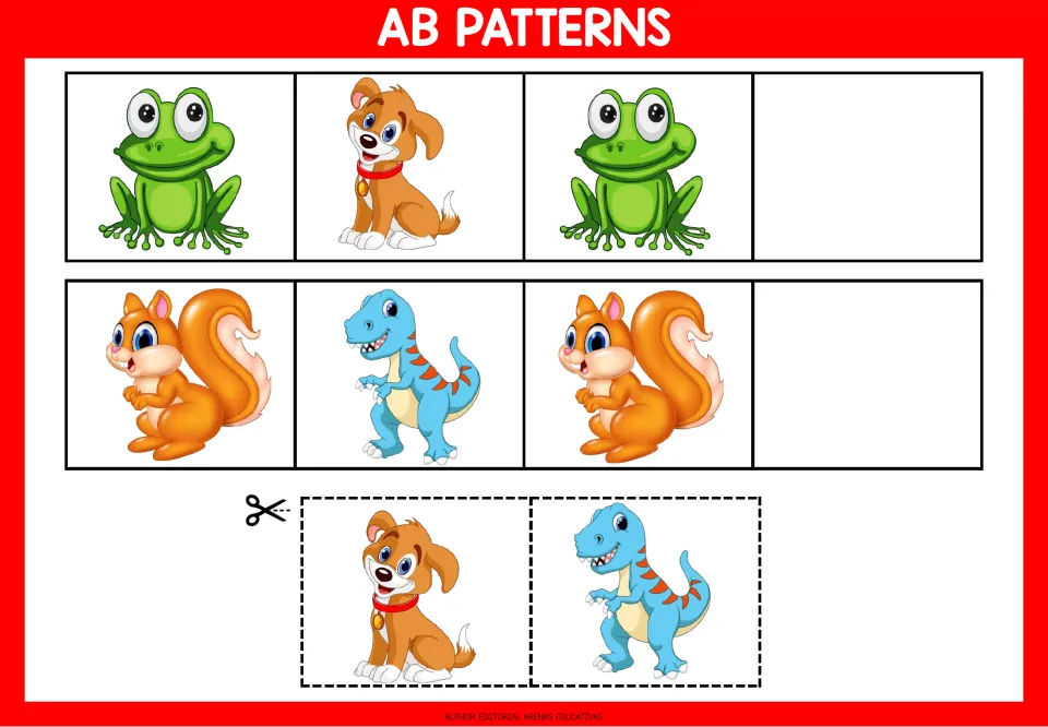 AB pattern worksheet 1: frog-dog-frog and squirrel-dinosaur-squirrel sequences, with animal cutouts