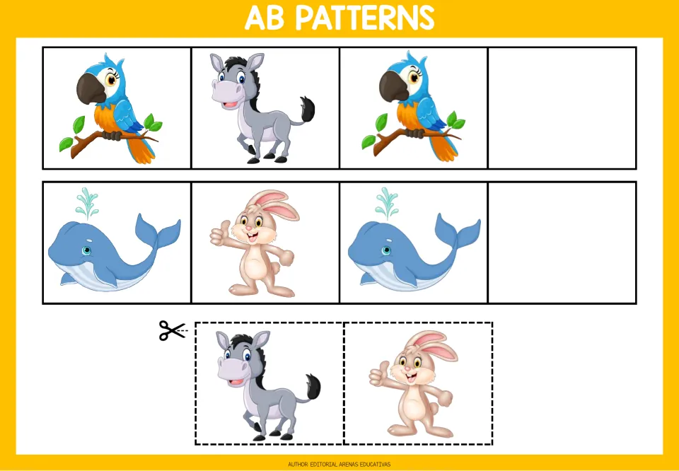 AB pattern worksheet 2: parrot-donkey-parrot and whale-rabbit-whale sequences, with animal cutouts