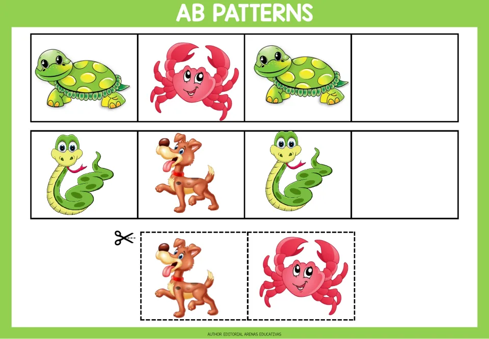 AB pattern worksheet 3: turtle-crab-turtle and snake-dog-snake sequences, with dog and crab cutouts