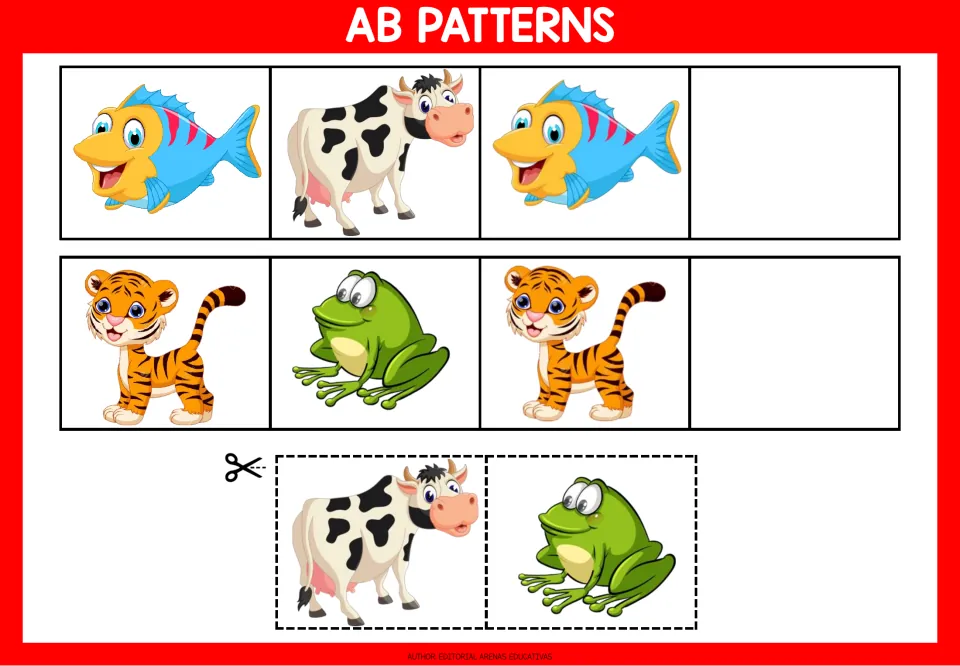 AB pattern worksheet 4: fish-cow-fish and tiger-frog-tiger sequences, with cow and frog cutouts