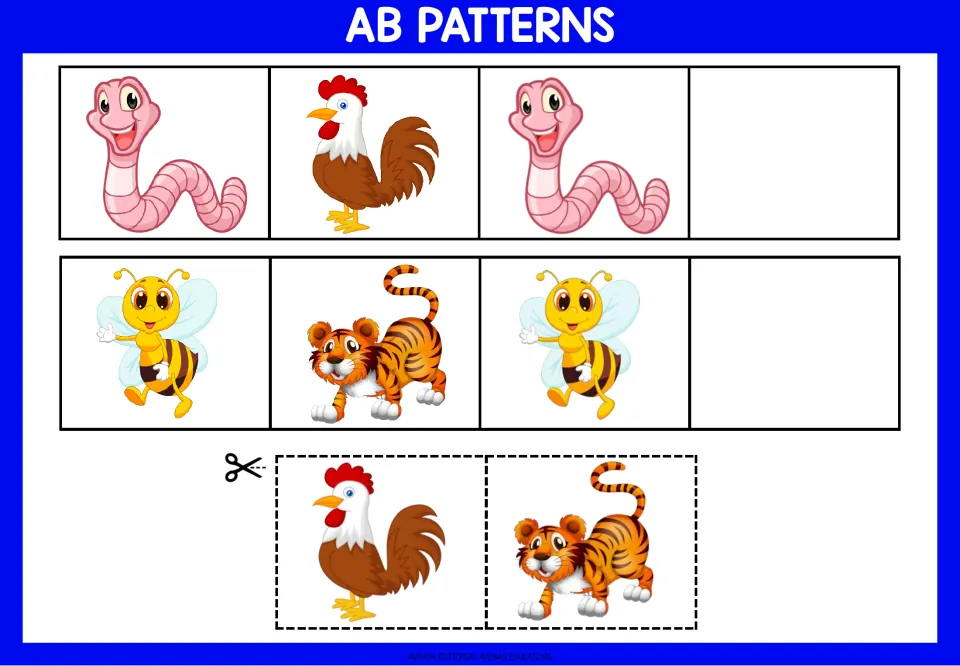 AB pattern worksheet 5: worm-rooster-worm and bee-tiger-bee sequences, with rooster and tiger cutouts