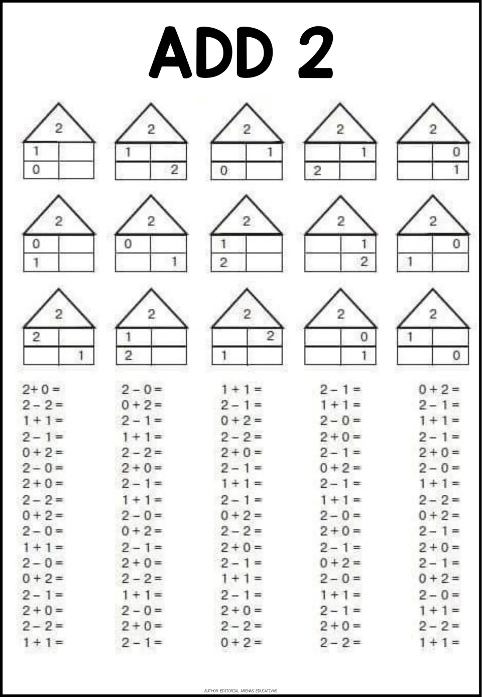 Add 2: students fill each missing part in 15 number houses with 2 on the roof, then solve sums and differences like 1 + 1
