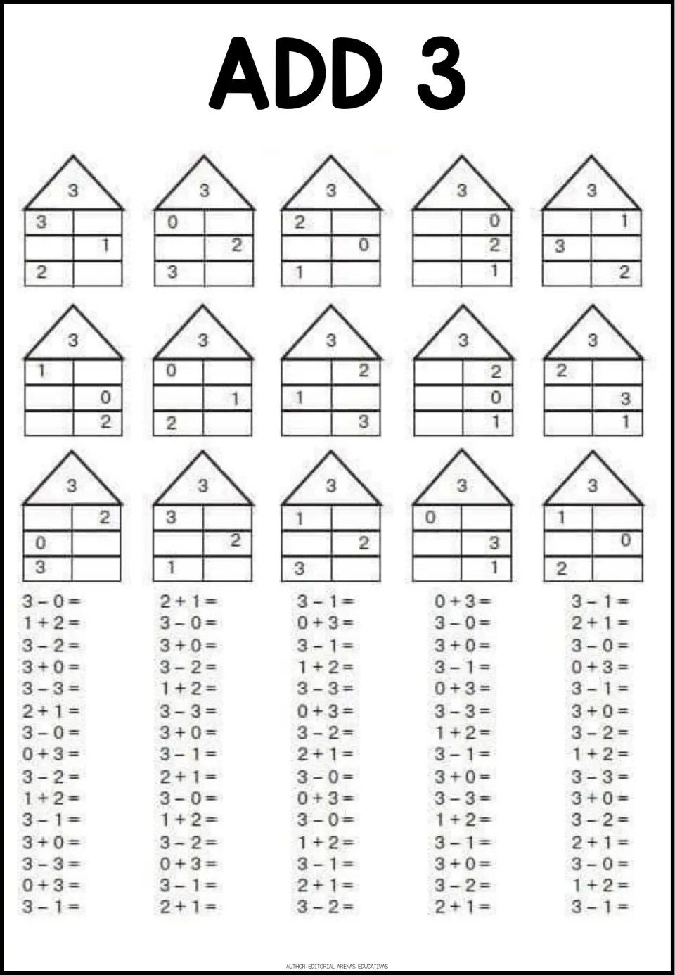 Add 3: students complete 15 houses topped with 3 by finding missing partners, then answer facts such as 2 + 1 and 3 - 2