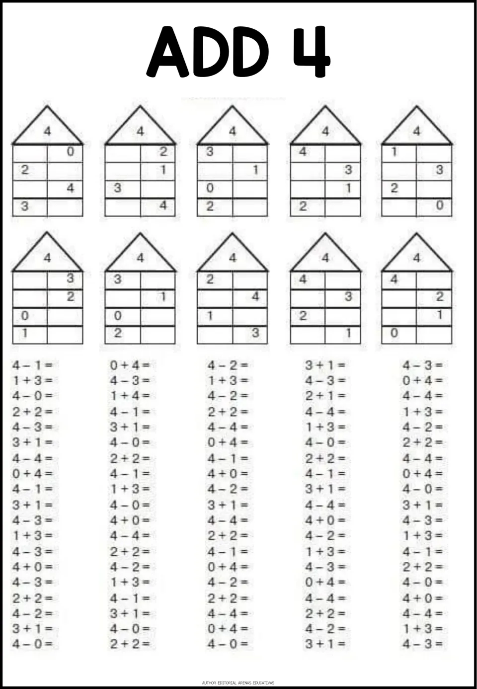 Add 4: ten houses with 4 on the roof ask for each missing partner, followed by mixed facts including 2 + 2, 1 + 3 and 4 - 1