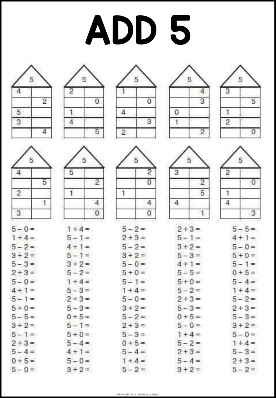 Add 5: students find the missing number pairs that make 5 in ten houses, then work through facts such as 3 + 2 and 5 - 4