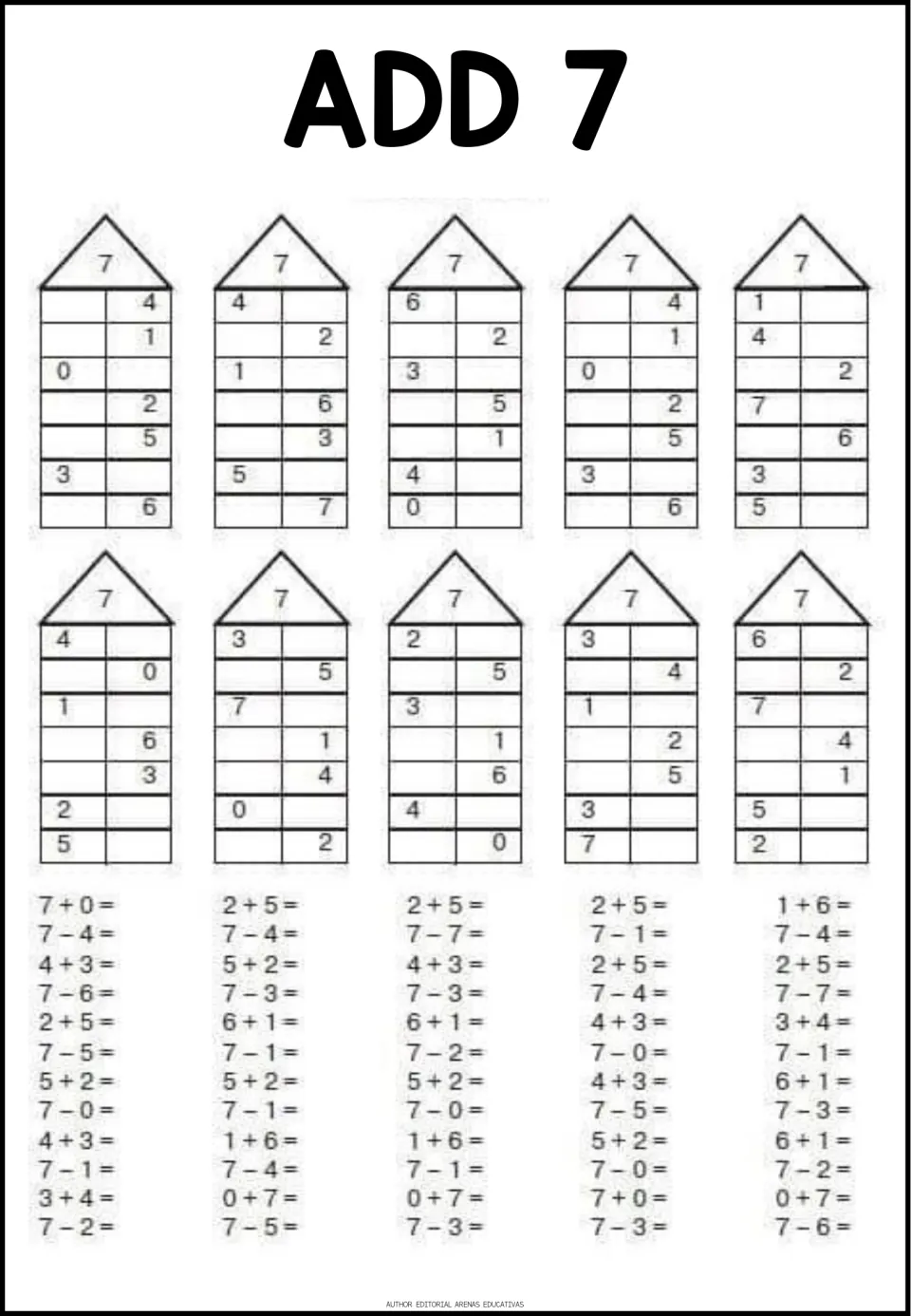 Add 7: students complete partner pairs for 7 in ten taller houses, then solve facts such as 4 + 3, 2 + 5 and 7 - 6