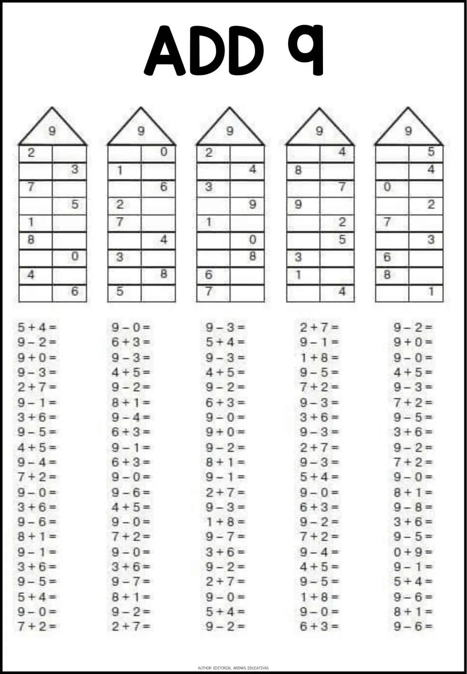 Add 9: five tall houses with 9 on the roof need every missing pair filled in, followed by facts such as 5 + 4, 6 + 3, 9 - 2