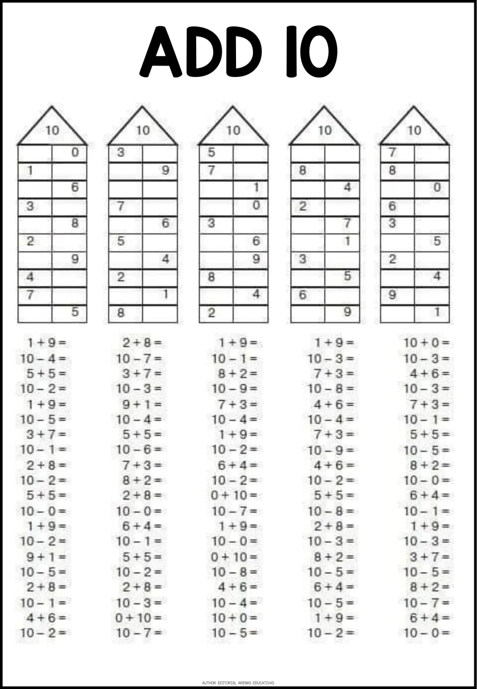 Add 10: students fill in missing partners for 10 in five tall houses, then solve facts including 7 + 3, 5 + 5 and 10 - 4