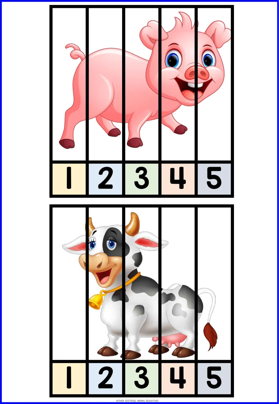 Farm animal number puzzles 1–2: a pink pig and a spotted cow, each divided into five pieces numbered 1–5