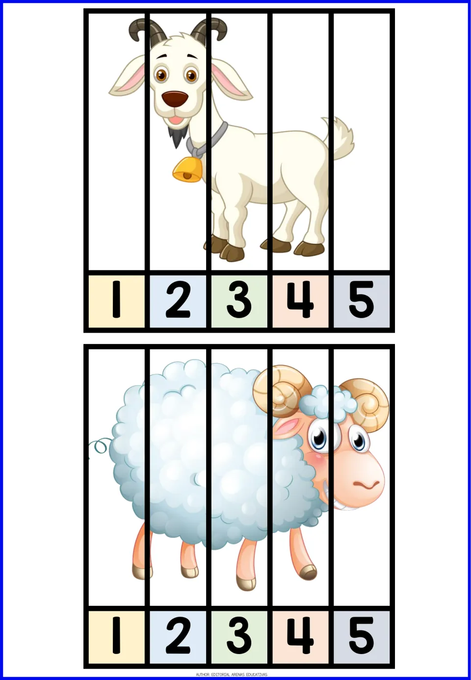Farm animal number puzzles 3–4: a goat and a sheep with curled horns, each in five pieces numbered 1–5