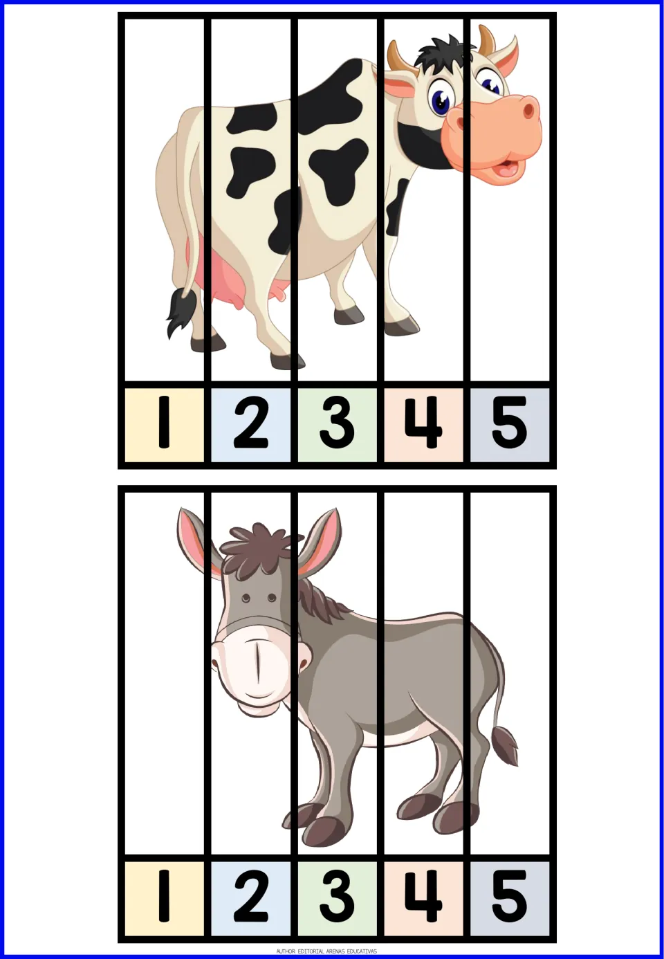 Farm animal number puzzles 5–6: a spotted cow and a gray donkey, each in five pieces numbered 1–5