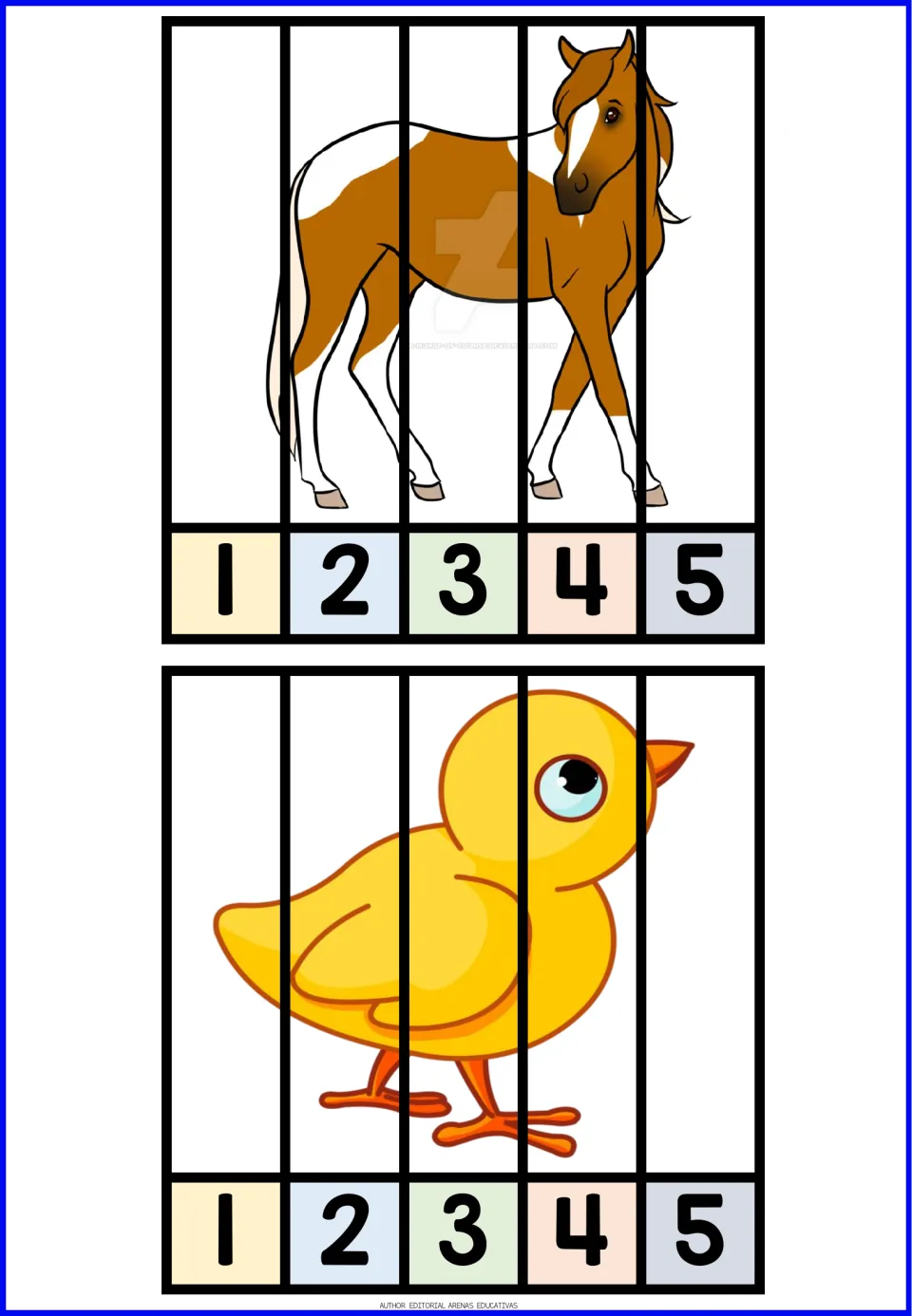 Farm animal number puzzles 7–8: a brown-and-white horse and a yellow chick in pieces numbered 1–5