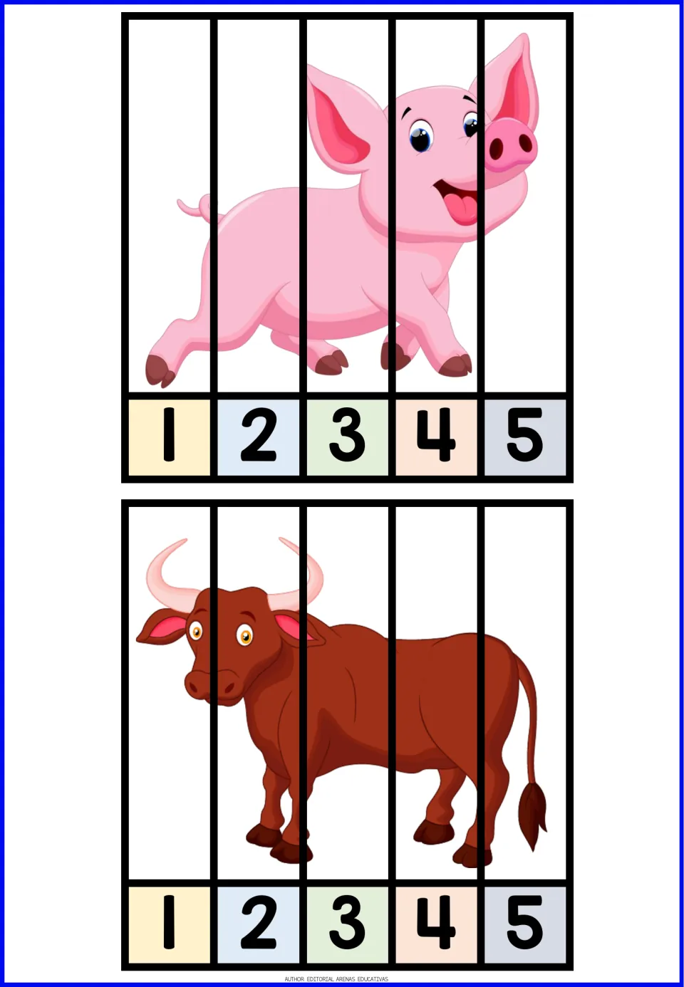 Farm animal number puzzles 9–10: a pink pig and a brown bull, each in five pieces numbered 1–5