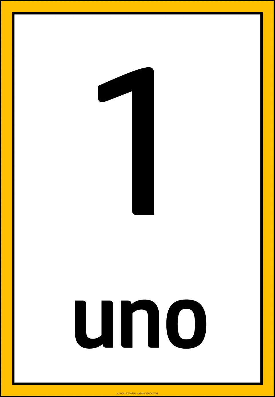 Spanish number flashcard 1 of the 1–10 set, showing the numeral 1 and the Spanish word “uno” (one).