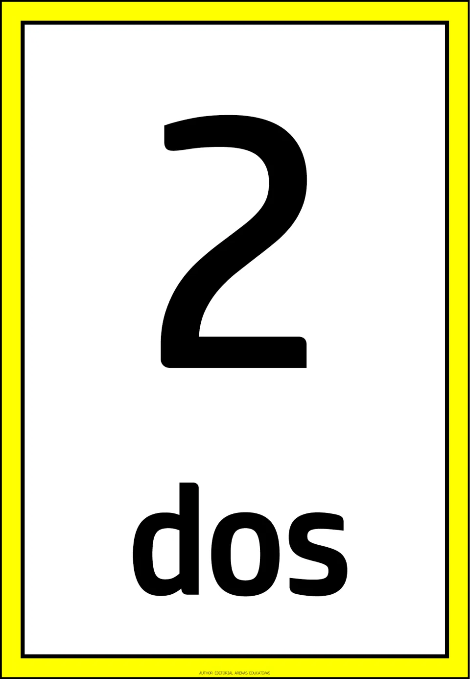 Spanish number flashcard 2 of the 1–10 set, showing the numeral 2 and the Spanish word “dos” (two).