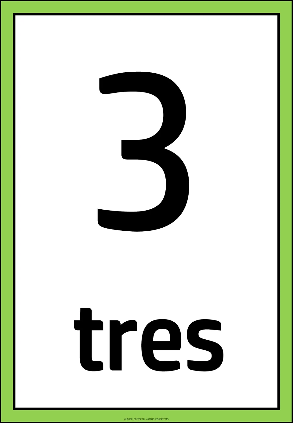 Spanish number flashcard 3 of the 1–10 set, showing the numeral 3 and the Spanish word “tres” (three).