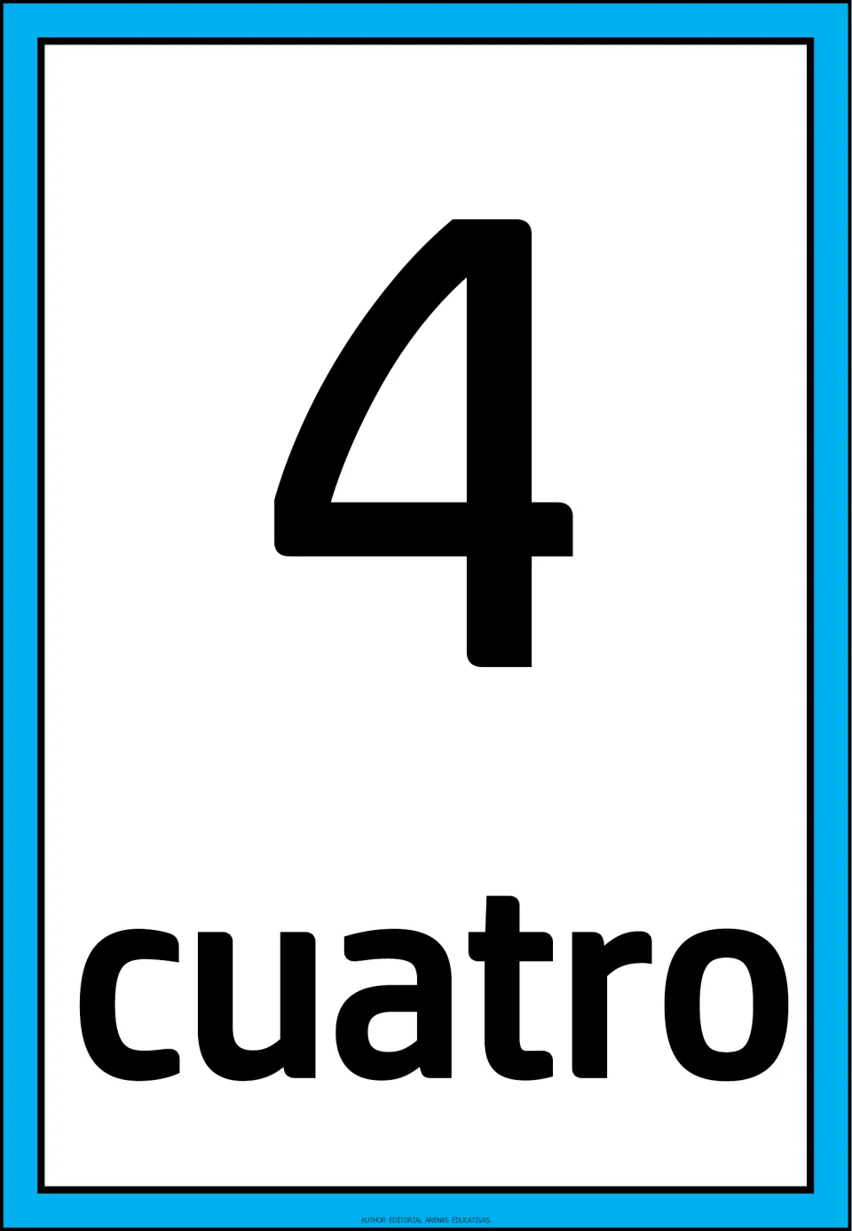 Spanish number flashcard 4 of the 1–10 set, showing the numeral 4 and the Spanish word “cuatro” (four).