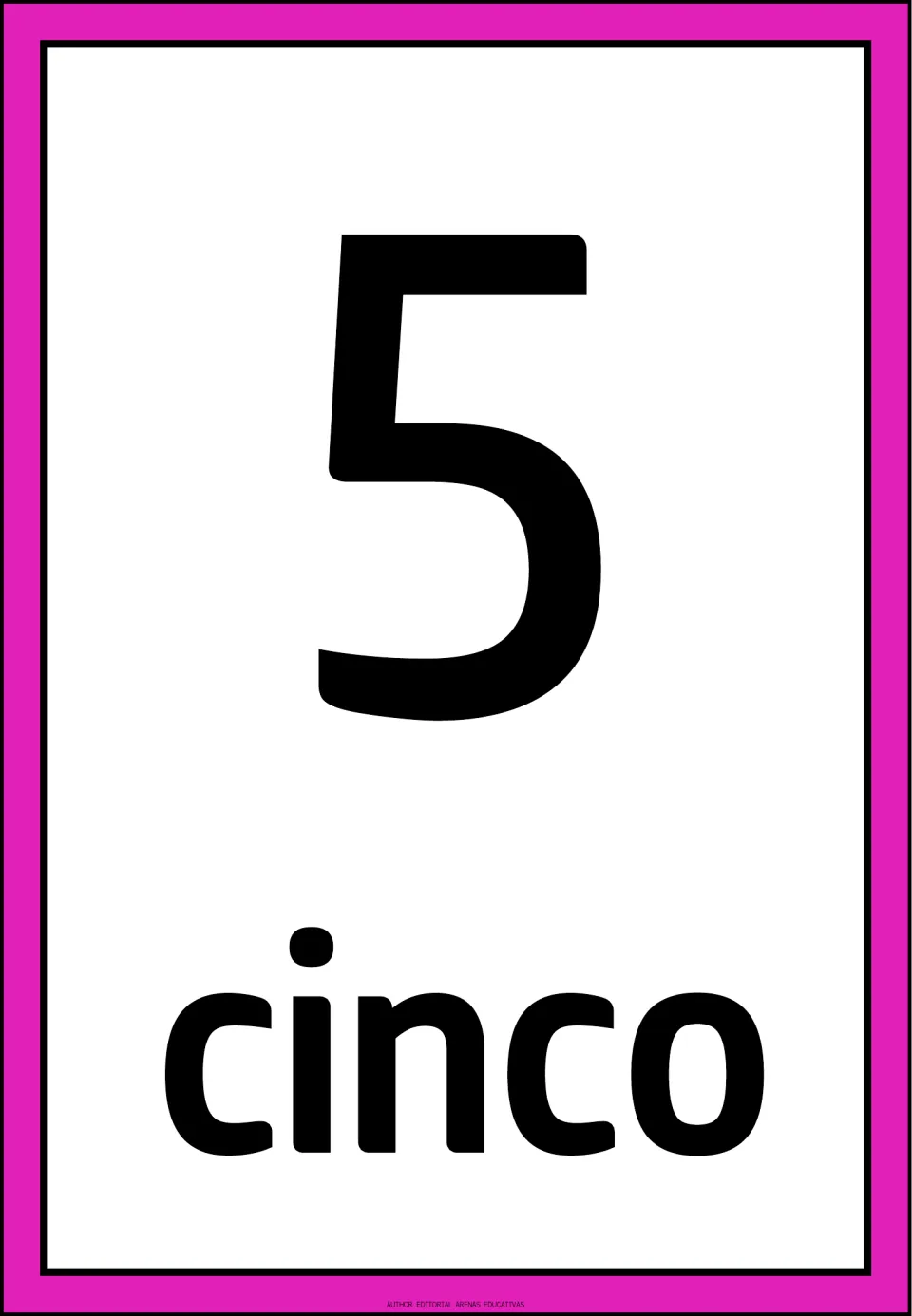 Spanish number flashcard 5 of the 1–10 set, showing the numeral 5 and the Spanish word “cinco” (five).