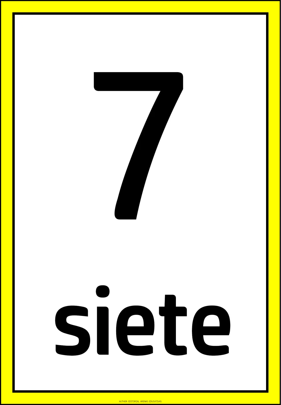 Spanish number flashcard 7 of the 1–10 set, showing the numeral 7 and the Spanish word “siete” (seven).