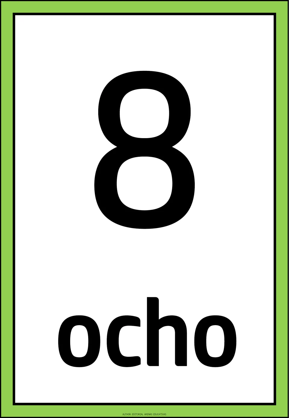Spanish number flashcard 8 of the 1–10 set, showing the numeral 8 and the Spanish word “ocho” (eight).