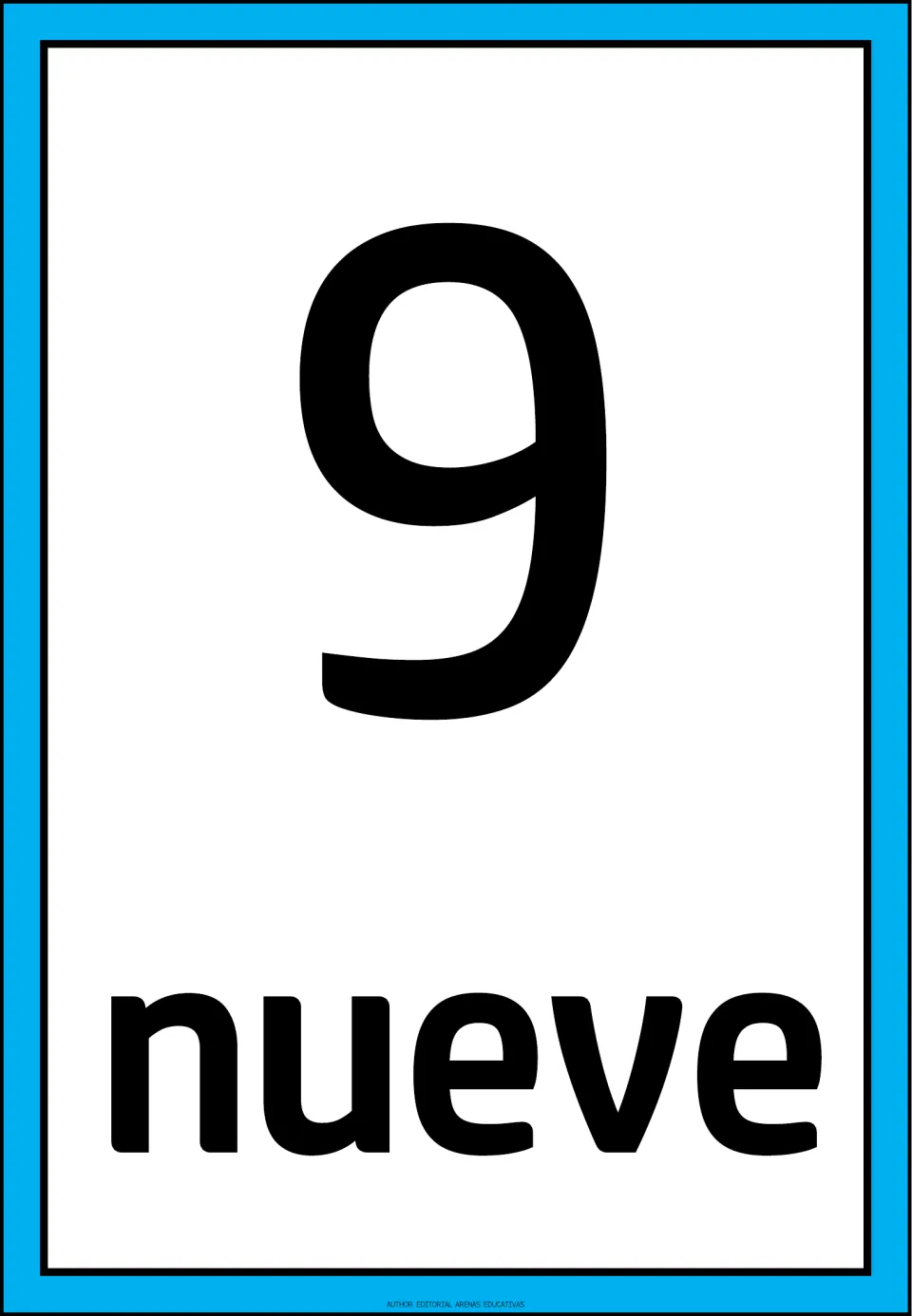 Spanish number flashcard 9 of the 1–10 set, showing the numeral 9 and the Spanish word “nueve” (nine).