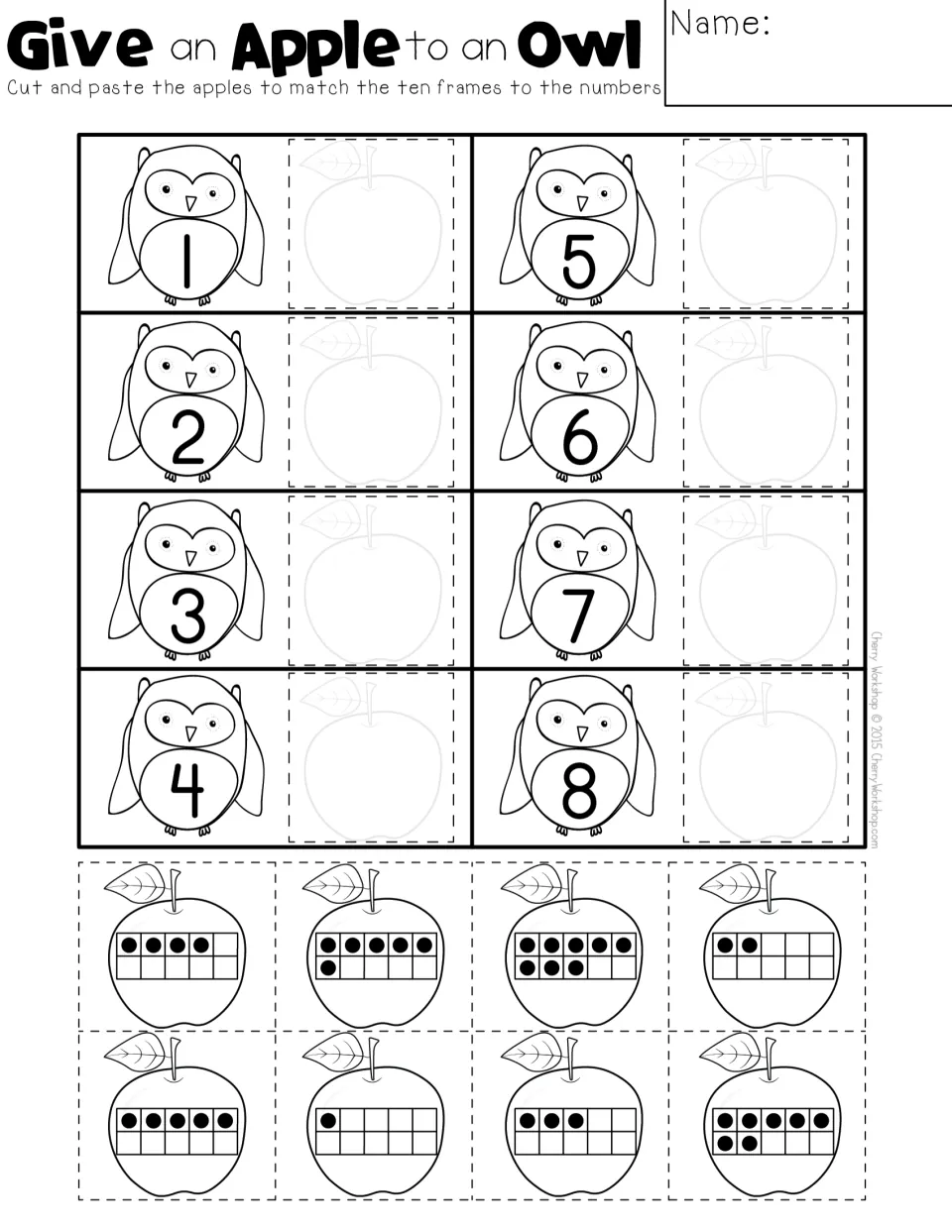 Number matching cut-and-paste activity: owls numbered 1–8 and eight apple cutouts showing ten-frame counts.