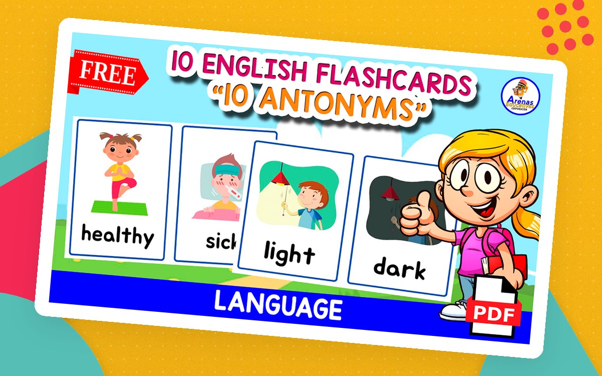10 FREE ANTONYMS | Flashcards poster cover with the resource title and classroom artwork.