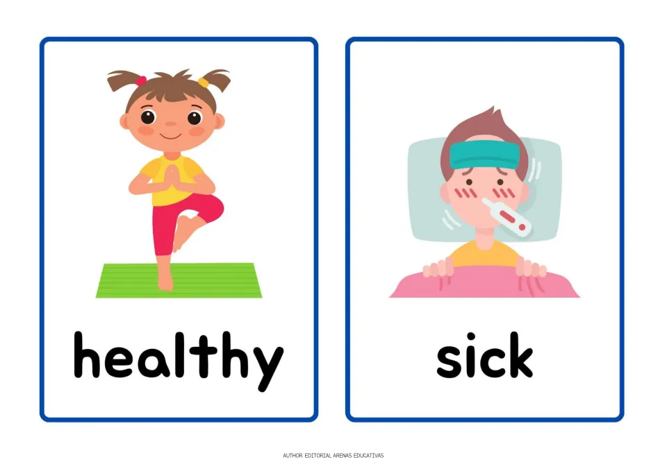 Healthy and sick: a girl balances in a yoga pose on a mat beside a boy lying in bed holding a thermometer in his mouth