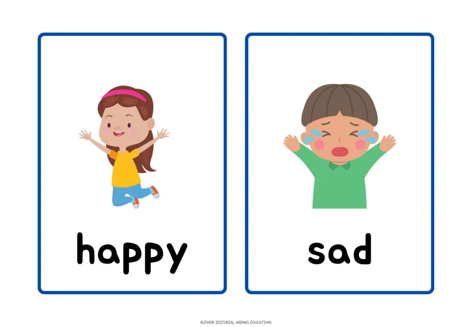 Happy and sad: one card shows a smiling girl jumping, arms raised; the other shows a boy crying, tears on his cheeks