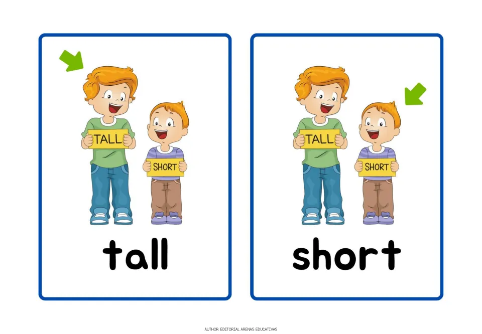 Tall and short: two boys hold TALL and SHORT signs while a green arrow points to the matching boy on each card