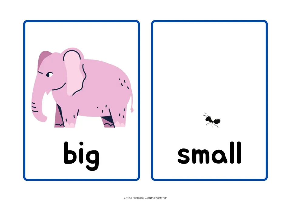 Big and small: a large pink elephant appears on one card and a tiny black ant on the other to show size difference