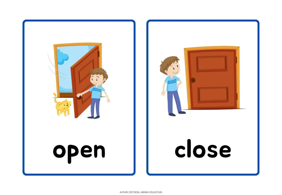 Open and close: a boy pulls a door wide as a cat slips in, then stands beside the shut door on the second card